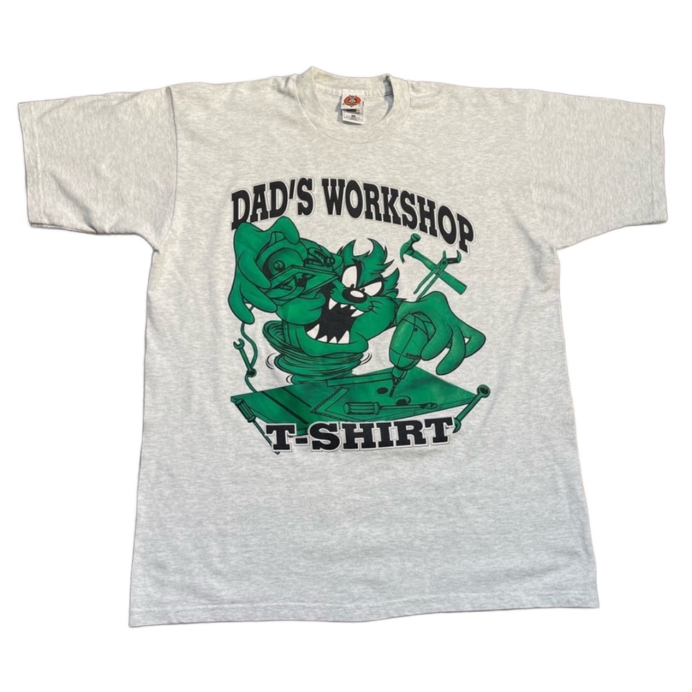 Vintage Looney Tunes Taz Dads Workshop T Shirt Grey Green